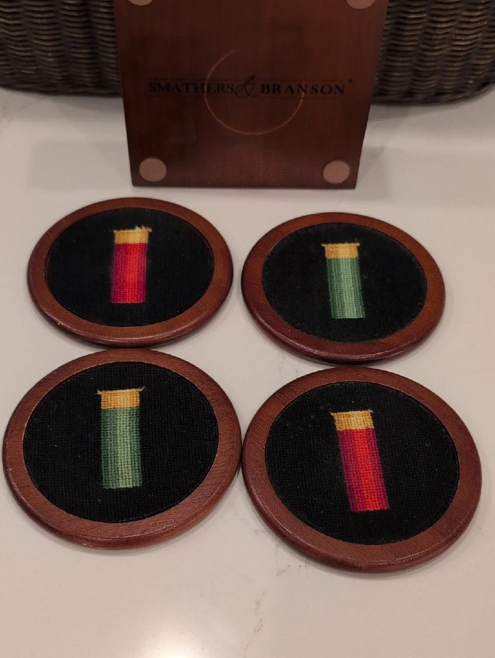 Smathers & Branson Shotgun Shells Needlepoint Coaster Set of 4 In Wood Box